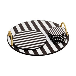 Hermia PLT0231 Juego de Bandeja de Madera y Salvamanteles de Cristal (8 Piezas) Blanco y Negro, Material Madera